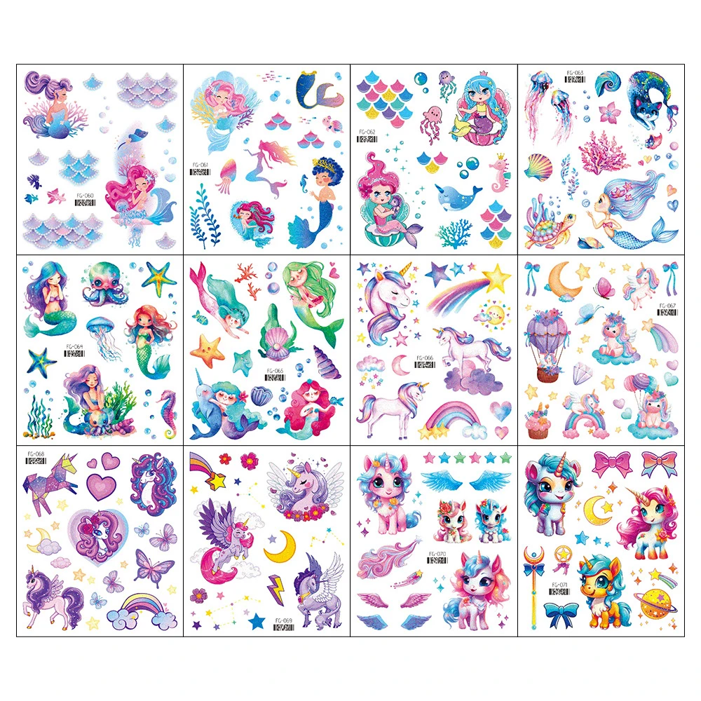 Temporary tattoos 12pcs Unicorn Mermaid Tattoo Waterproof Temporary Sticker Body Art Fake Tattoos