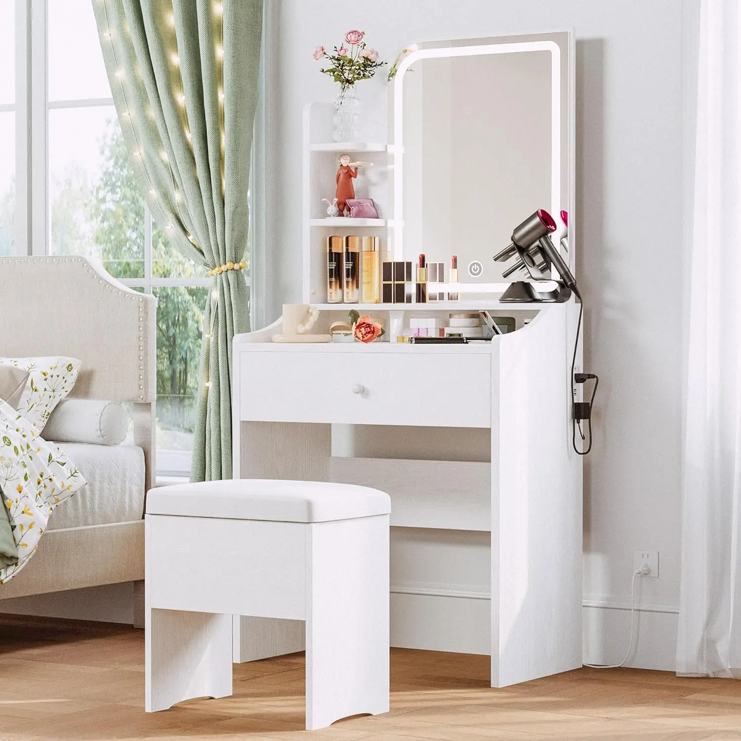 

Small Makeup Vanity Desk with Mirror and Lights, Vanity Table Set with Storage Drawer & Chair & 3 Shelves, Bedroom