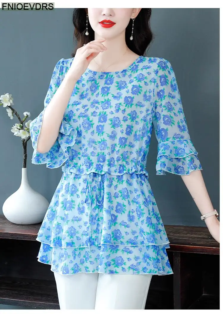 S-4XL Loose Clothes 2023 Women Summer Short Sleeve Elegant Ruffles Shirts Casual Chiffon Floral Tunic Peplum Tops And Blouses