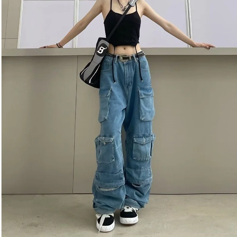 

Women's jeans New fashion Multi pocket jeans Washing Cargo pants