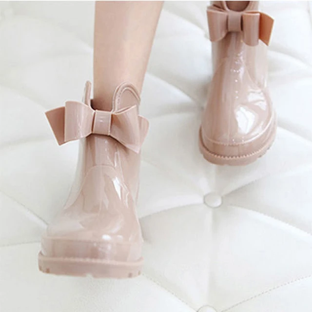 Miaoguan Women's Ankle Rain Boots Sweet Bowtie PVC Woman Water Shoes Rain  Boots Women Waterproof Low