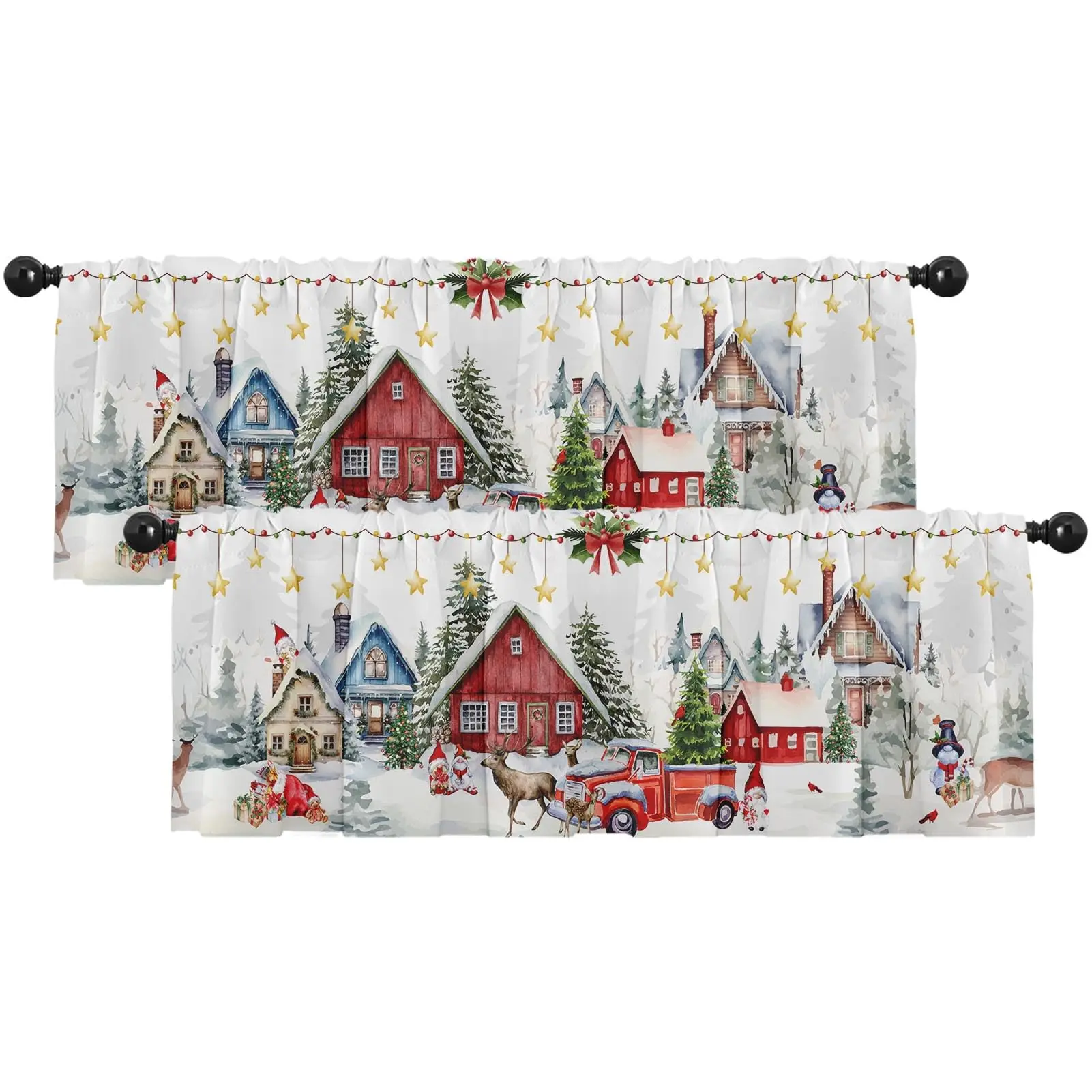 2 Pack Valances Window ,Christmas House Deer Tree Drapes Adjustable Curtain Valances for Windows Living Room Kitchen Sink Above