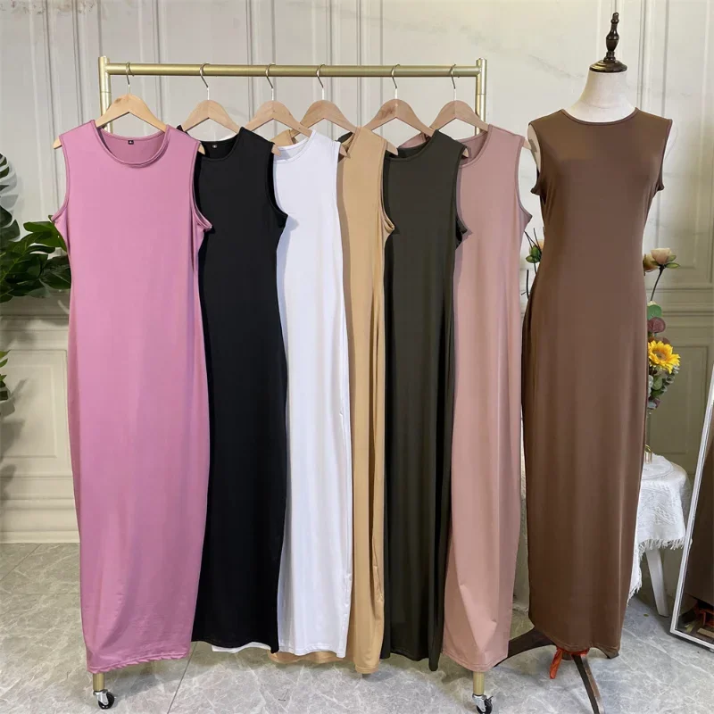 2023 Hot Selle Simple Style Solid Color Casual Slim Abaya Femme Sleeveless Bottomed Women's Long Skirt Muslim Saudi Robe Ramadan