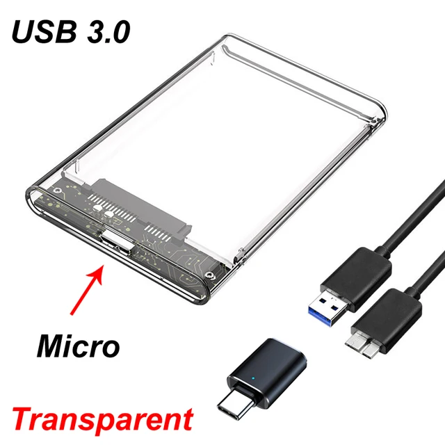 USB 3.0 SATA 투명 SSD HDD 하드 드라이브 박스 케이스, HDD 인클로저, C타입 3.1 플러그, 휴대폰 외장 마이크로 케이블, 2.5 인치