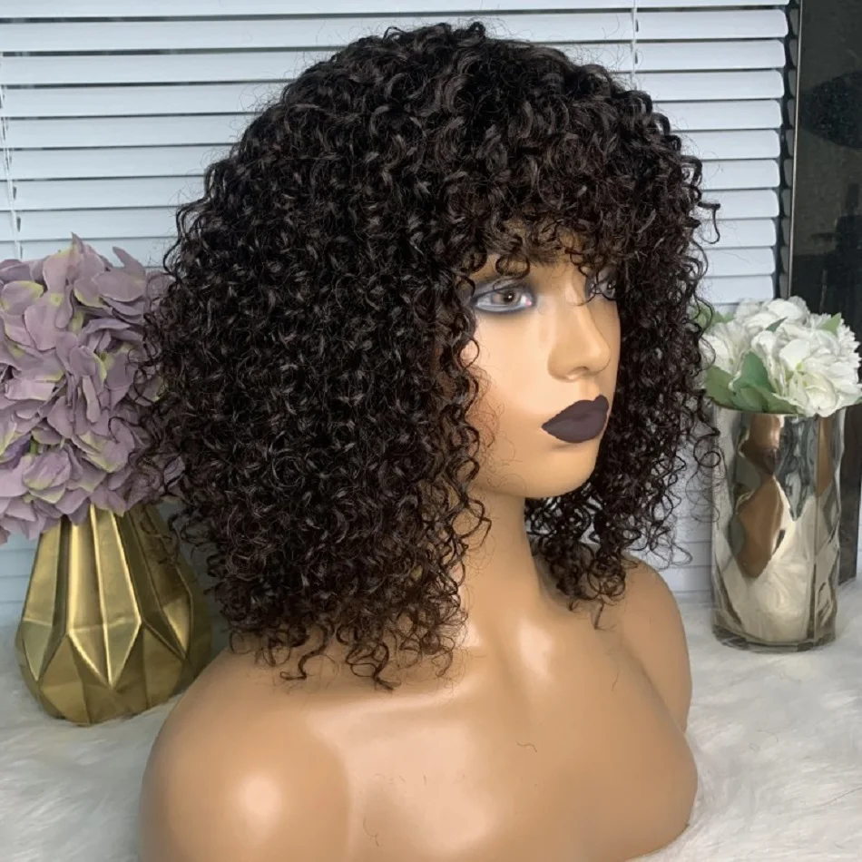 

200% Density Short Bob Human Hair Wigs With Bangs Glueless Peruvian Hair Water Wave Wig Full Machine Made Wigs for Black Women