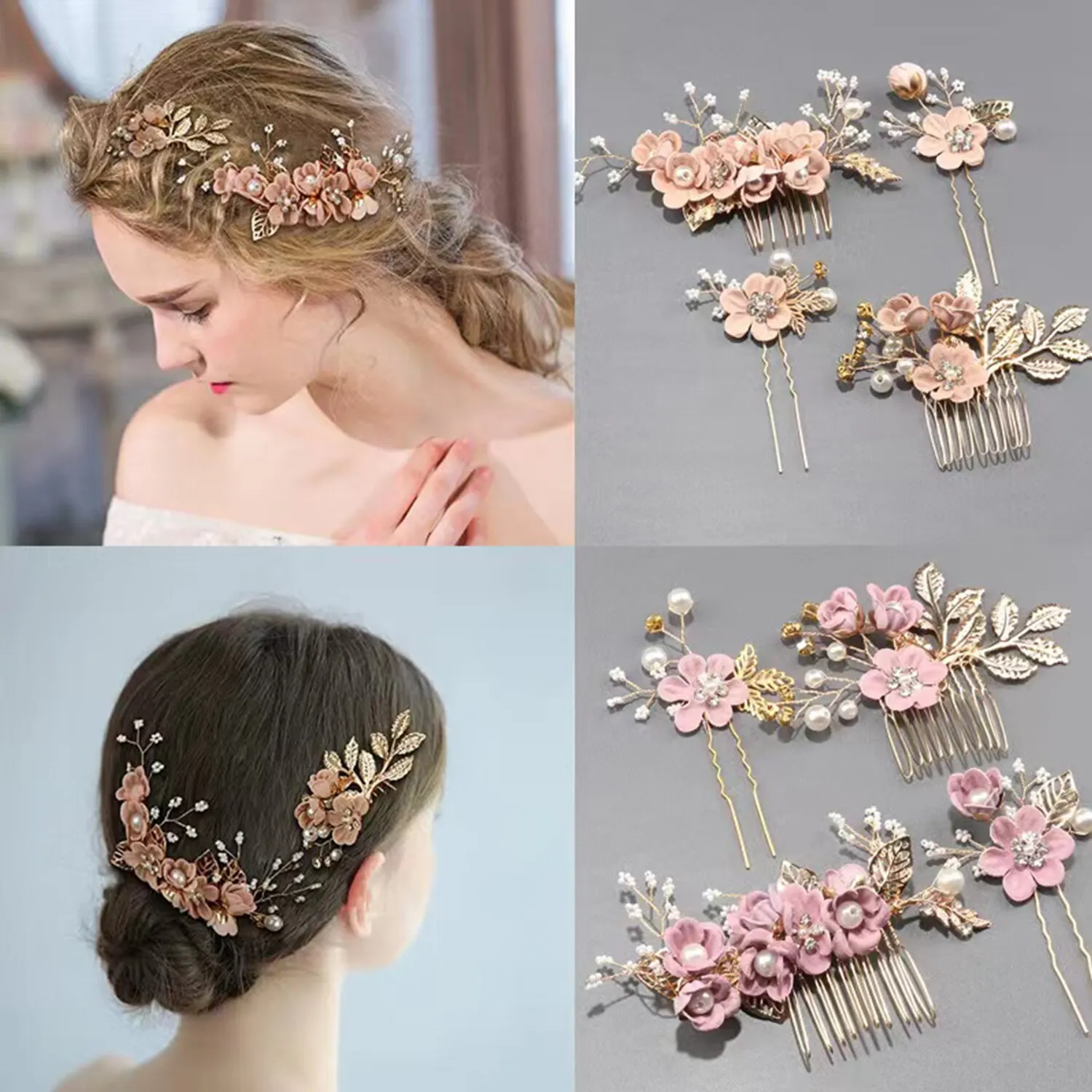 Bridal Hair Accessories European Gold Leaf Plate Handmade 4-piece Set Bride Crown Flowers Comb