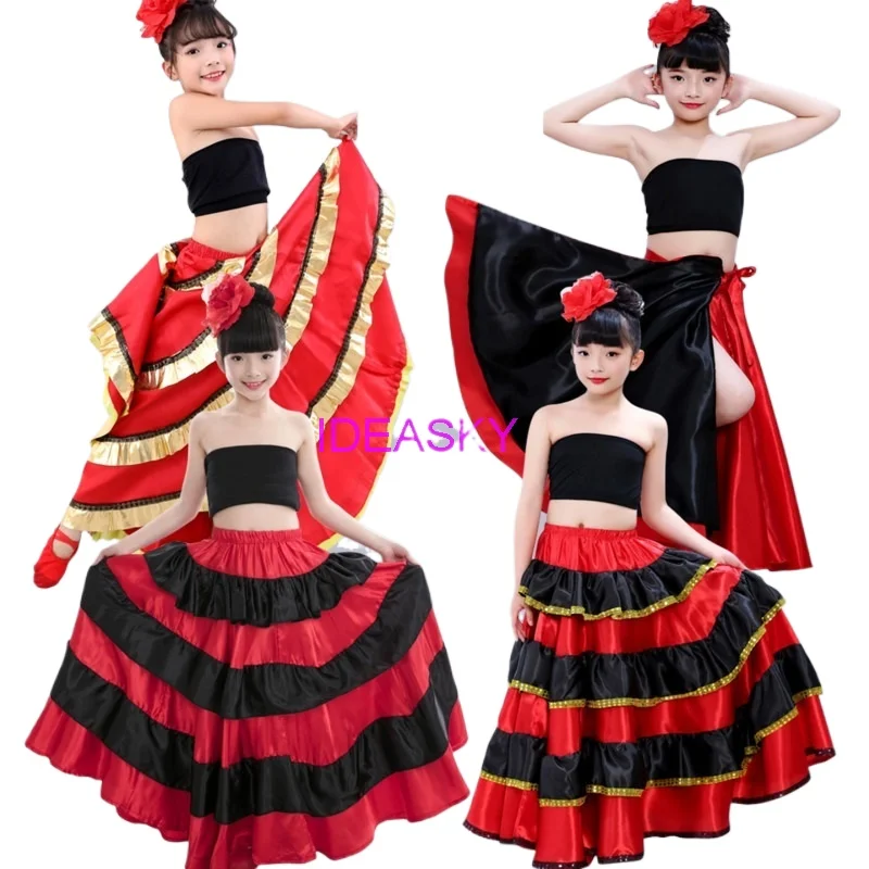 Women Flamenco Dresses Kids Flamenco Skirt Spanish Costume Girl long Red Flamenco Style Dress Ballroom Skirt for Girls Child Black Dance Dresses Costumes For Kids Clothes