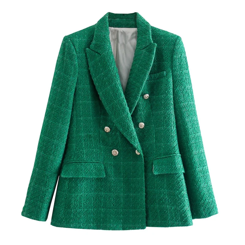 2023 New Autumn Women Fashion Double Breasted Tweed Check Blazer Coat Female Chic Vintage Long Sleeve Pockets Casual Outerwear elegant ol blazers women s check coat jackets pockets casaul long sleeve overcoats female single button outwears oversized