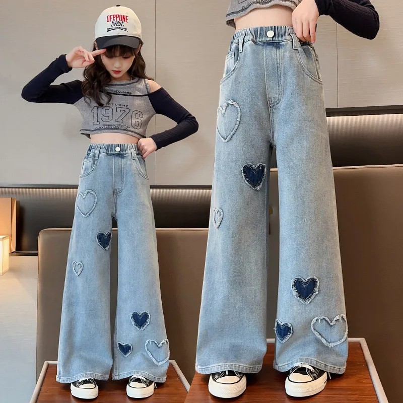 

Teenager Girls Wide Leg Pants with Heart Design Loose New Spring Fashion Long Jeans School Children Korean Style Trousers 8 10 Y