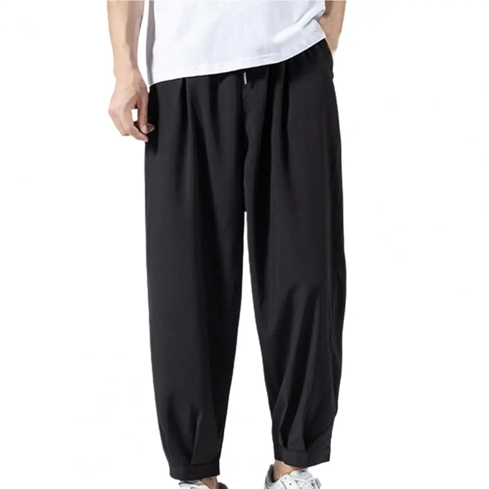 Solid Color Men Pants Ankle-length Smooth Wide Leg Ankle Tied Oversize Pants Sweatpants