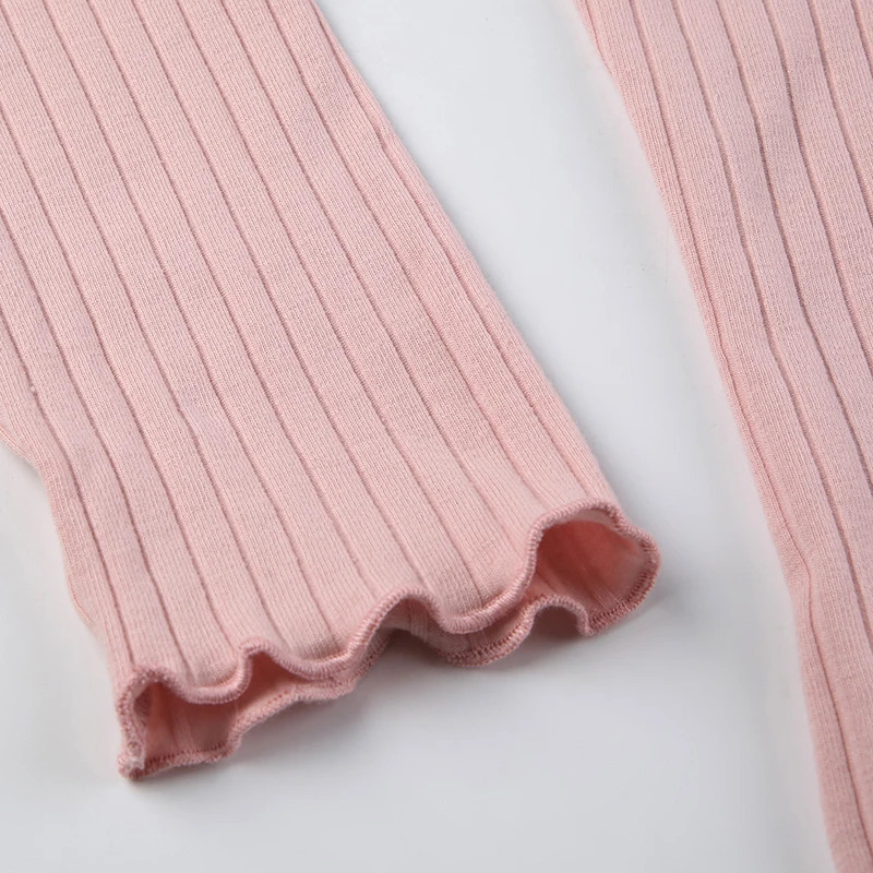 Japanese Kawaii Sweet Pink Knitted Ribbed Tee Contrast Lace Tie Bow Square Collar Long Sleeve Basic Spring Autumn T Shirt Women