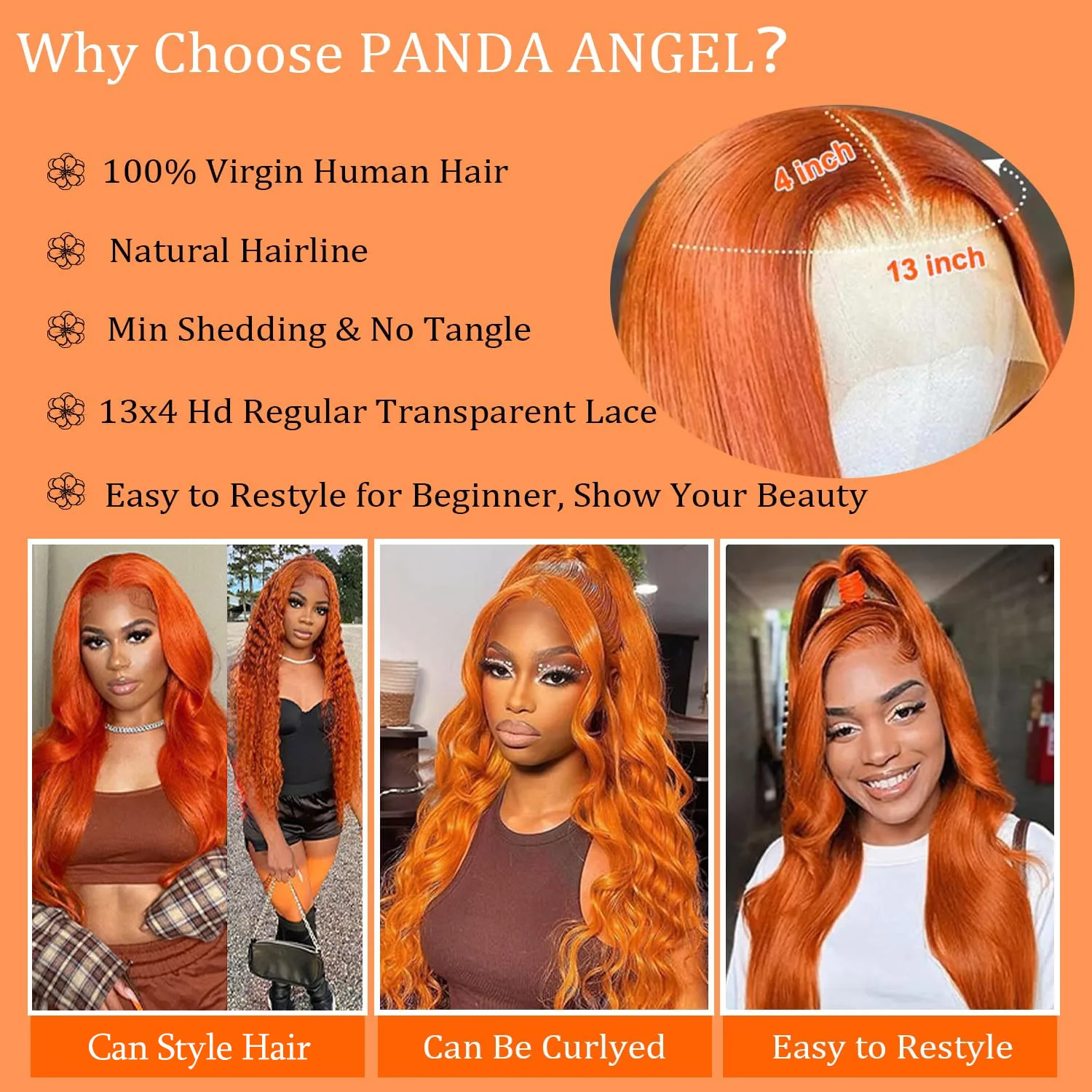 28 Inch 350 Straight Hair 13x4 Lace Front Wigs 200% Density Brazilian Hair Pre Plucked with Baby Hair for Women #Ginger Orange