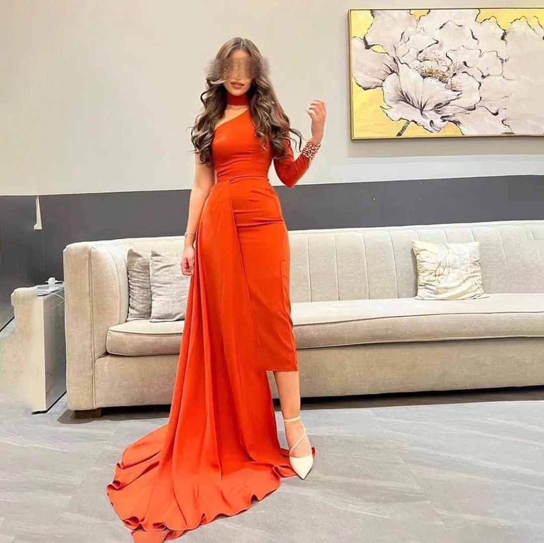 

POMUSE Sexy One Shoulder Prom Dresses A-line Sleeveless Pleat Floor-Length Arabic Femme Formal Prom Dress 2023 Robe de soiree