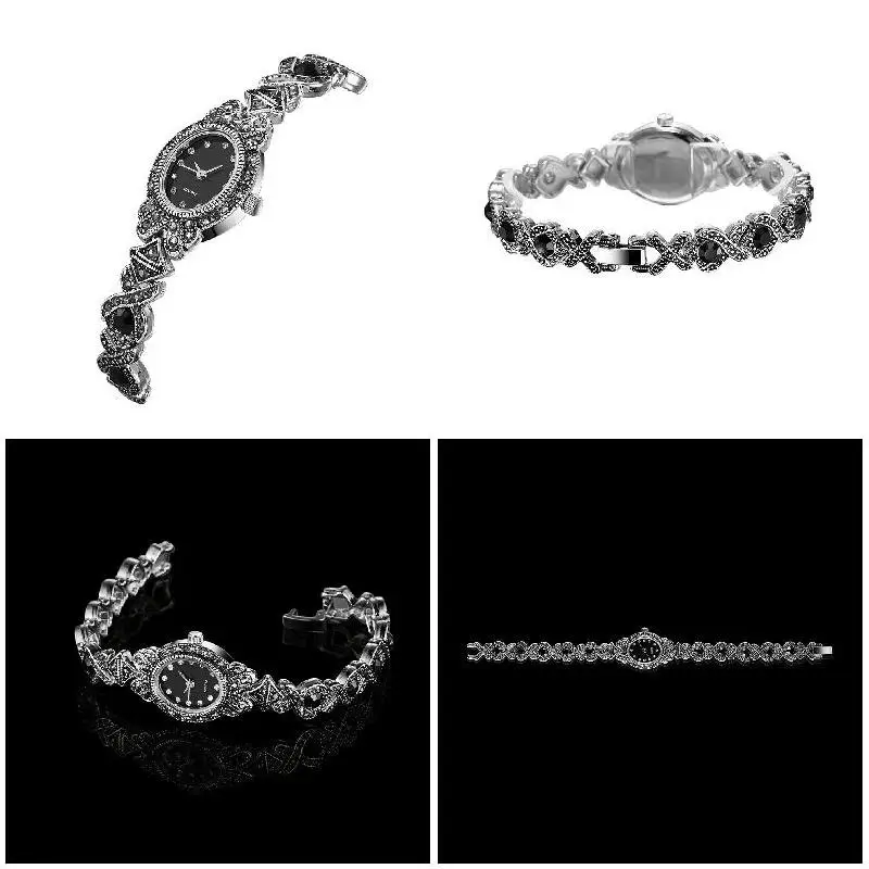 Vintage Women Rhinestone Quartz Watch Carved Alloy Band Bracelet Wristwatch Fashion Retro Crystal Ladies Clocks Gifts