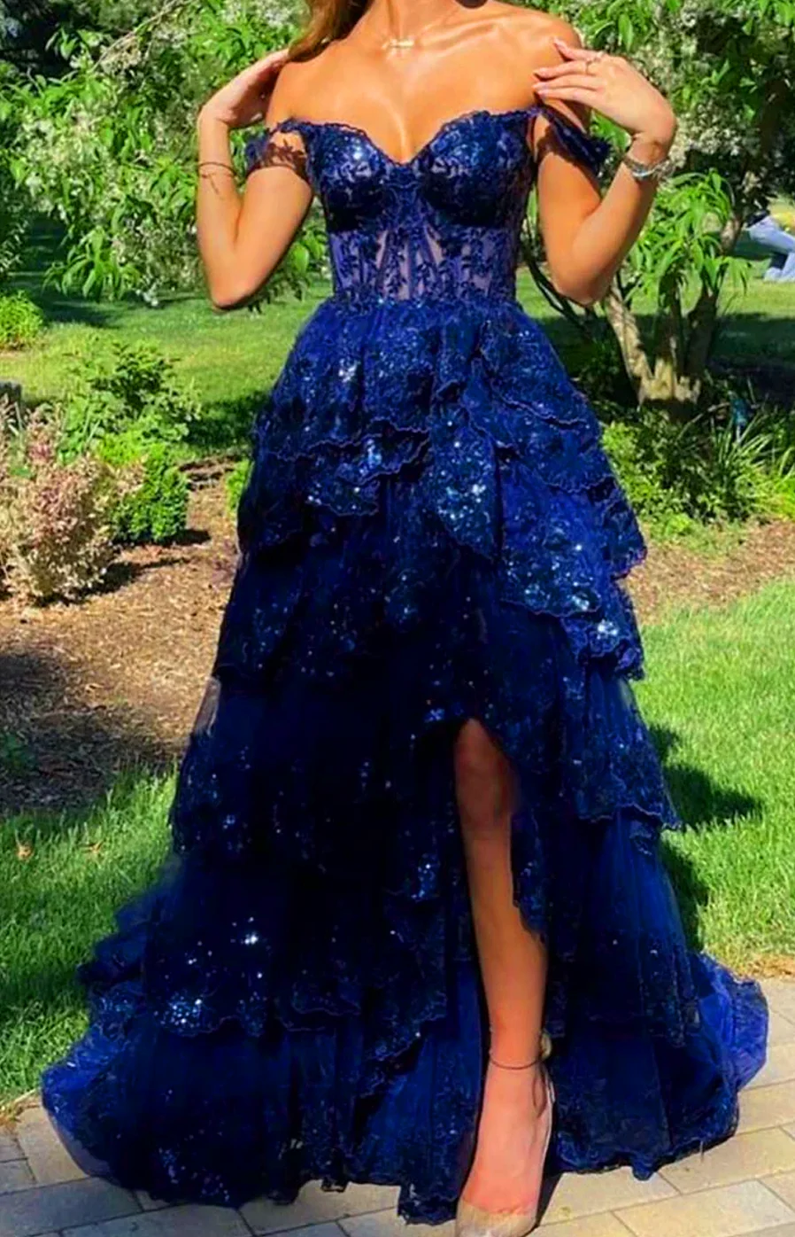 Sparkly Ruffled Spaghetti Straps Fuchsia Prom Dress with Appliques LF250
