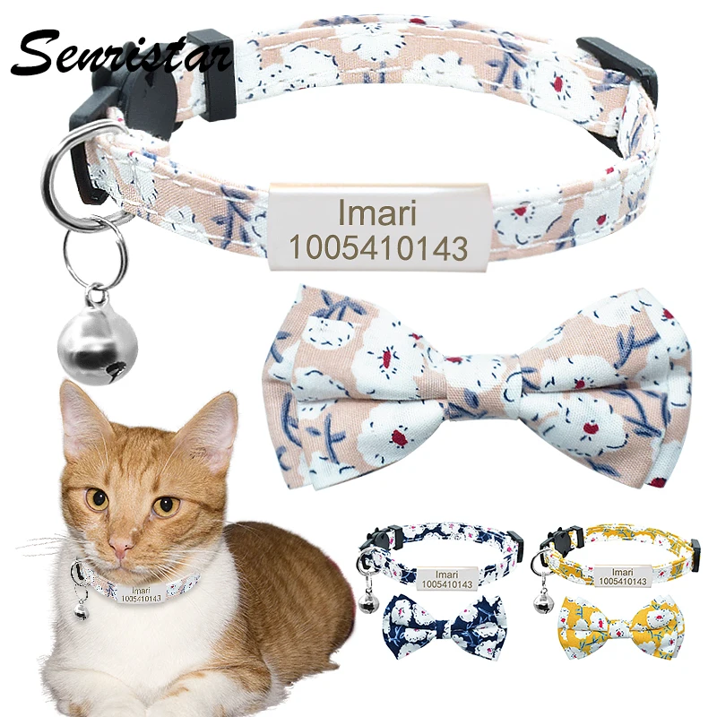 

Cute Bow Tie Cat Collar Personalized Name Tag Cat Collar Bell Custom Engraved Nameplate Breakaway Bowknot Cat Collar Necklace