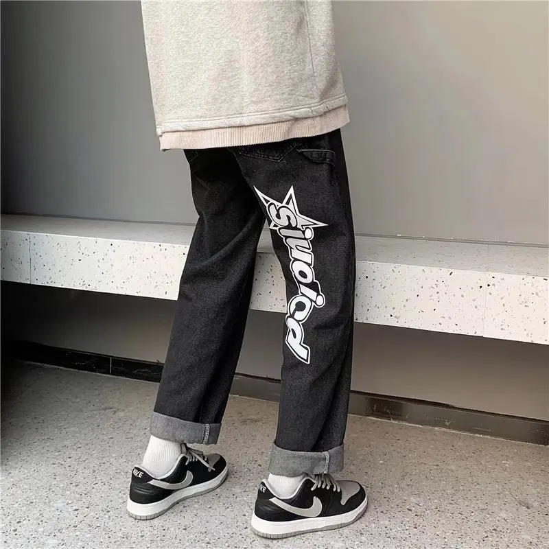 2022 New Fashion Letter Print Straight Men Baggy Jeans Pantaloni Hip Hop Allentato Largo Quotidiano Casual Accogliente Pantaloni Di Jeans Pantaloni Uo