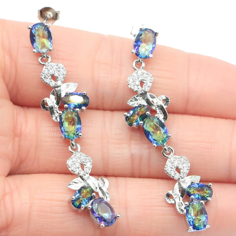 

925 SOLID STERLING SILVER Earrings 9g Charming Green Tsavorite Garnet Fire Rainbow Violet Topaz White CZ High Trendy Polished