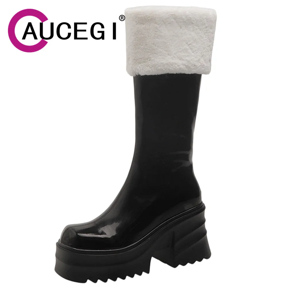 

Augice Winter Platform Thick Heels Patent Genuine Leather Knee High Boots Women Square Toe Side Zipper Warm Party Dress Shoes