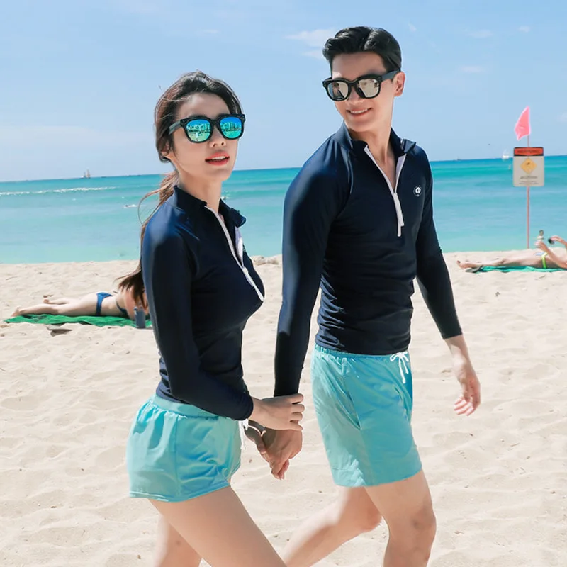 Men's Women's Two Piece Rash Guards set of 2 pieces Long Sleeve Swimsuits UV Sun Swim Shirt Bathing Suit with Trunks Bottom