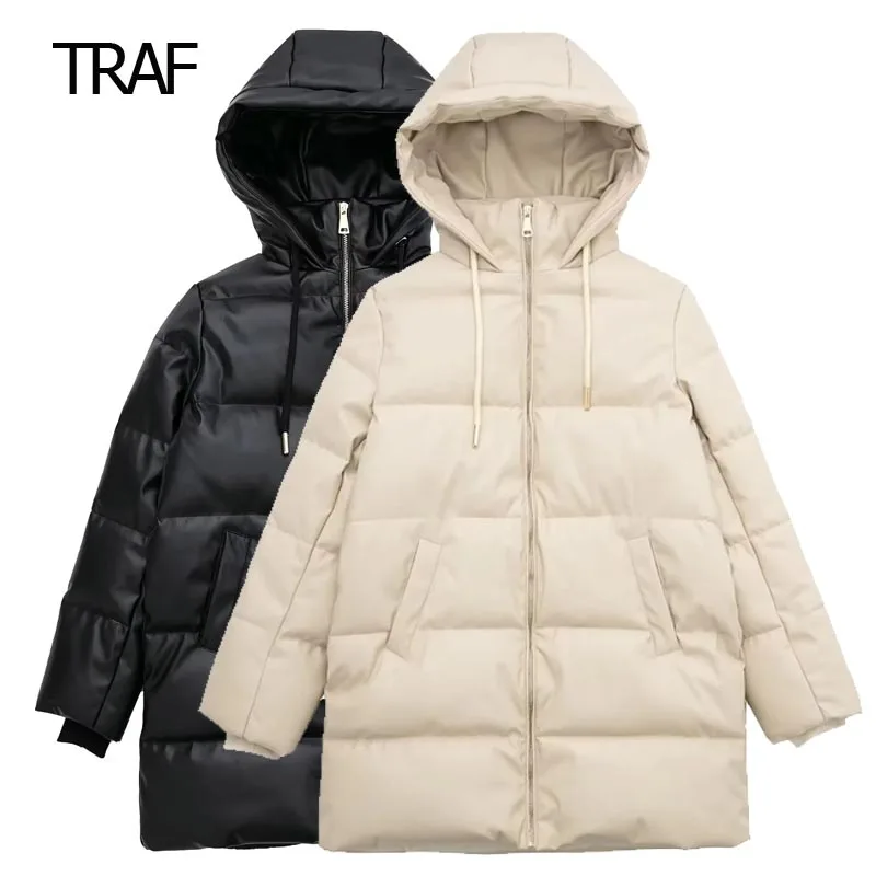 

TRAF Leather Down Coat Winter Jackets For Women 2023 Long Sleeve Top Long Padded Jacket Elegant Warm Women Padded Jacket Luxury