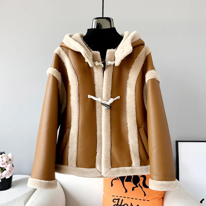 

Women Lamb Wool Casual Hooded Coat Female Sheep Shearling Warm Hood Detachable Jacket Overcoat JT3397