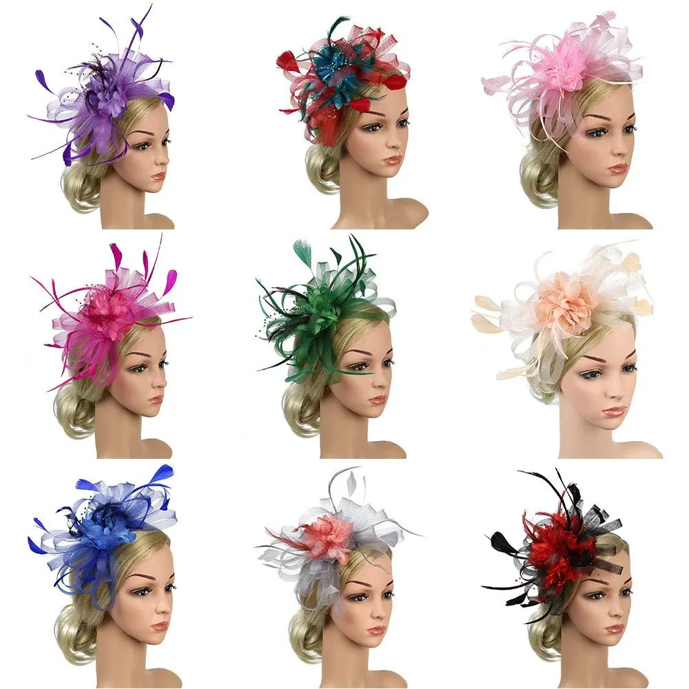 Women Royal Races Wedding  Bride Hair Fascinator Headdress Flower Hairclip Headband Beaded Feather
