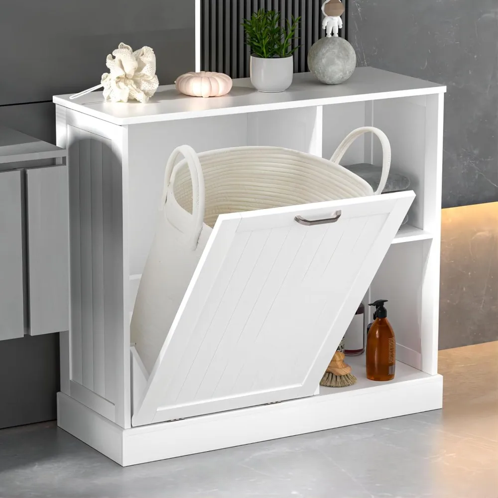 Tilt Out Laundry Hamper Cabinet with Laundry Baskets Hamper,Bathroom Storage Cabinet,10 Gallon Tilt Out Trash Cabinet(White)