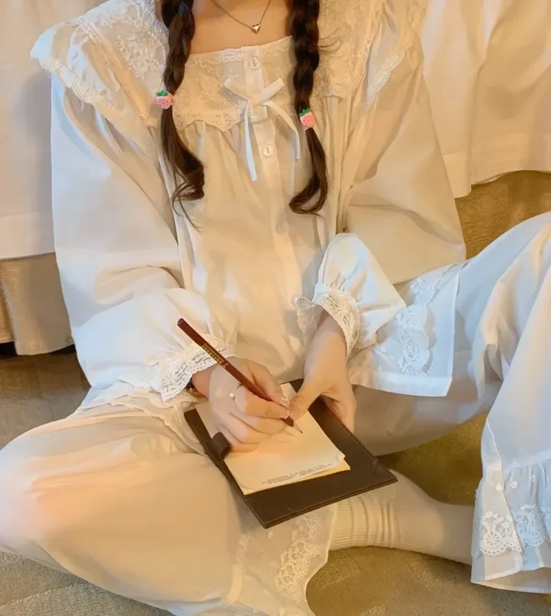

Wear Sets Home Sleepwear Cotton Ladies Princess Spring Pyjama Square Pajama Comfortable Solid Women Collar Lace Pant Autumn