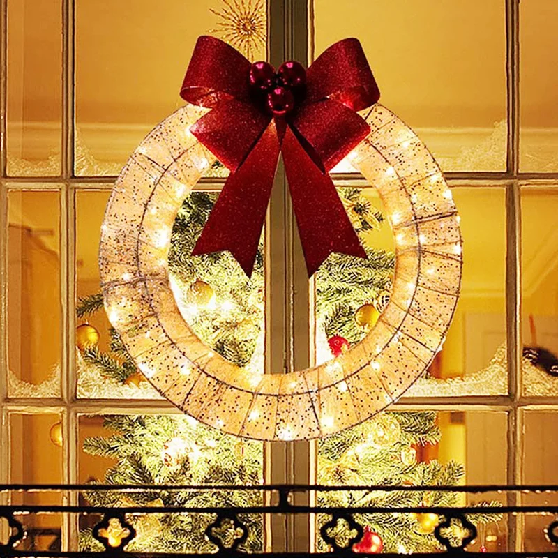 

Christmas garland metal wreath LED warm light big bow christmas decoration door hanging wholesale