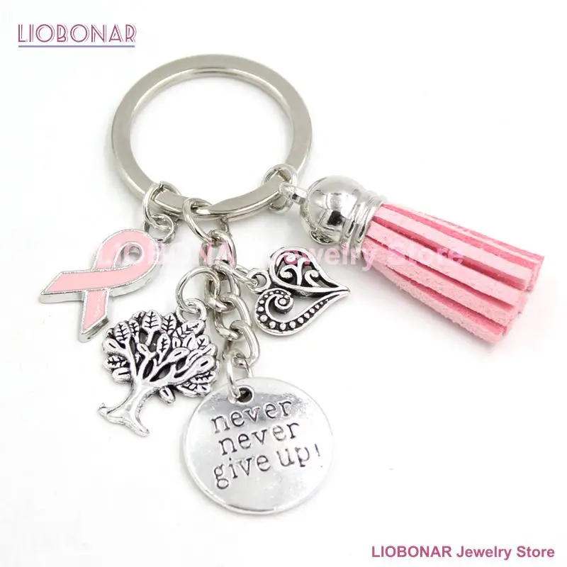 New Arrival Breast Cancer Awareness Pink Ribbon Tassel Keychains