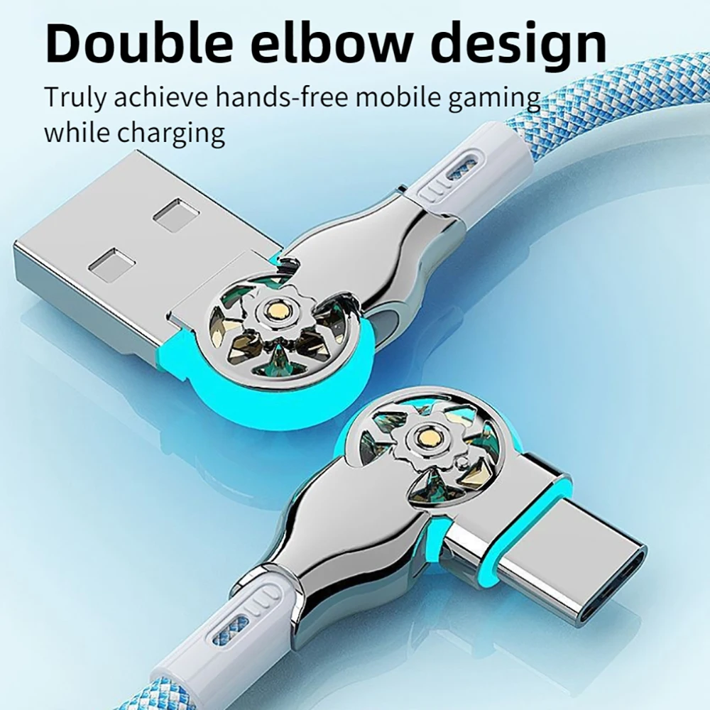 180 Rotatable Fast Charge Braided Data Cable USB A to Type C Zinc Alloy Braided Cord LED Light for iPhone Xiaomi Huawei Charger