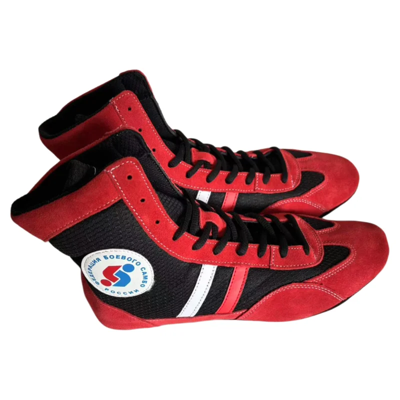 Sambo Wrestling Shoes Blue and Red Professional Fighting Leather Sneakers Training Soft Bottom САМооборона Без Оружия Shoe