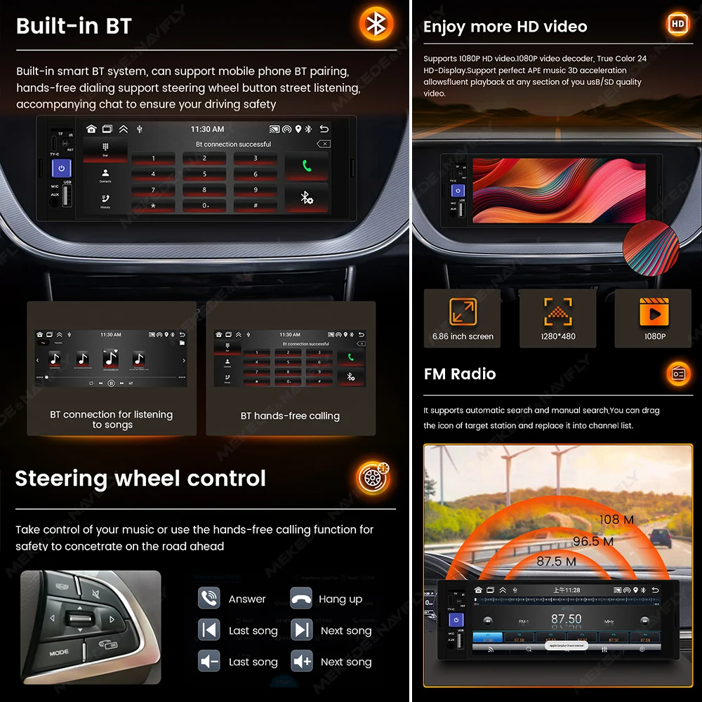 NaviFly 6,86 cala 1280*480 1din System Android Carplay Radio