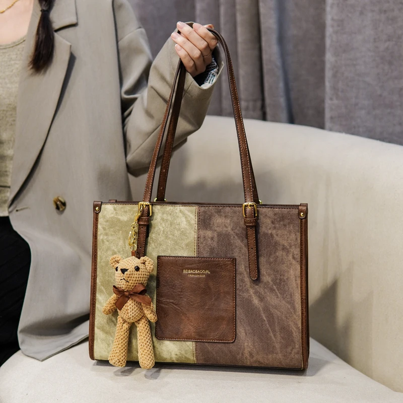

Vintage patchwork Tote bag large capacity shoulder bag for women leisure retro female purse Office girl women commuter bag