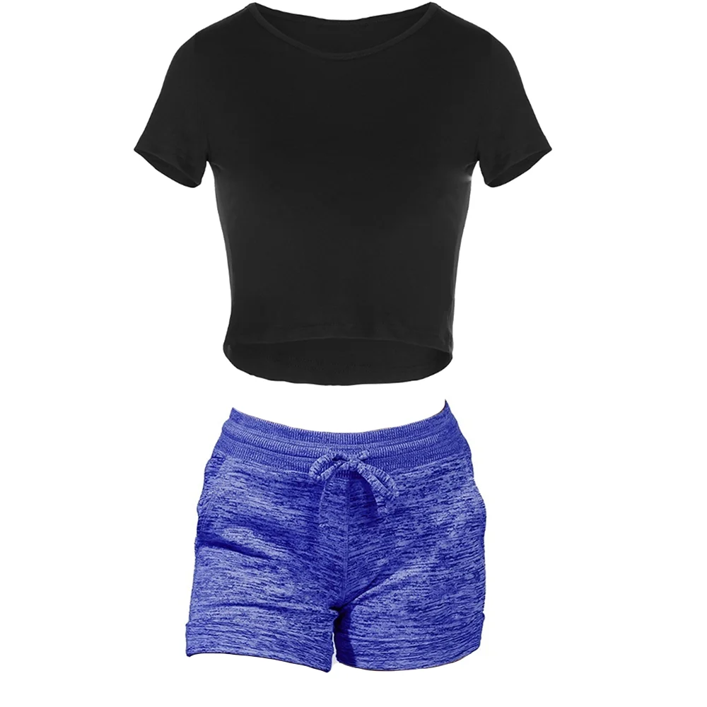Solid Women Short Sleeve Sets 2 Pieces Set Loose Slim Crop T Shirts Clothing Streetwear Shorts Loose Straight Summer