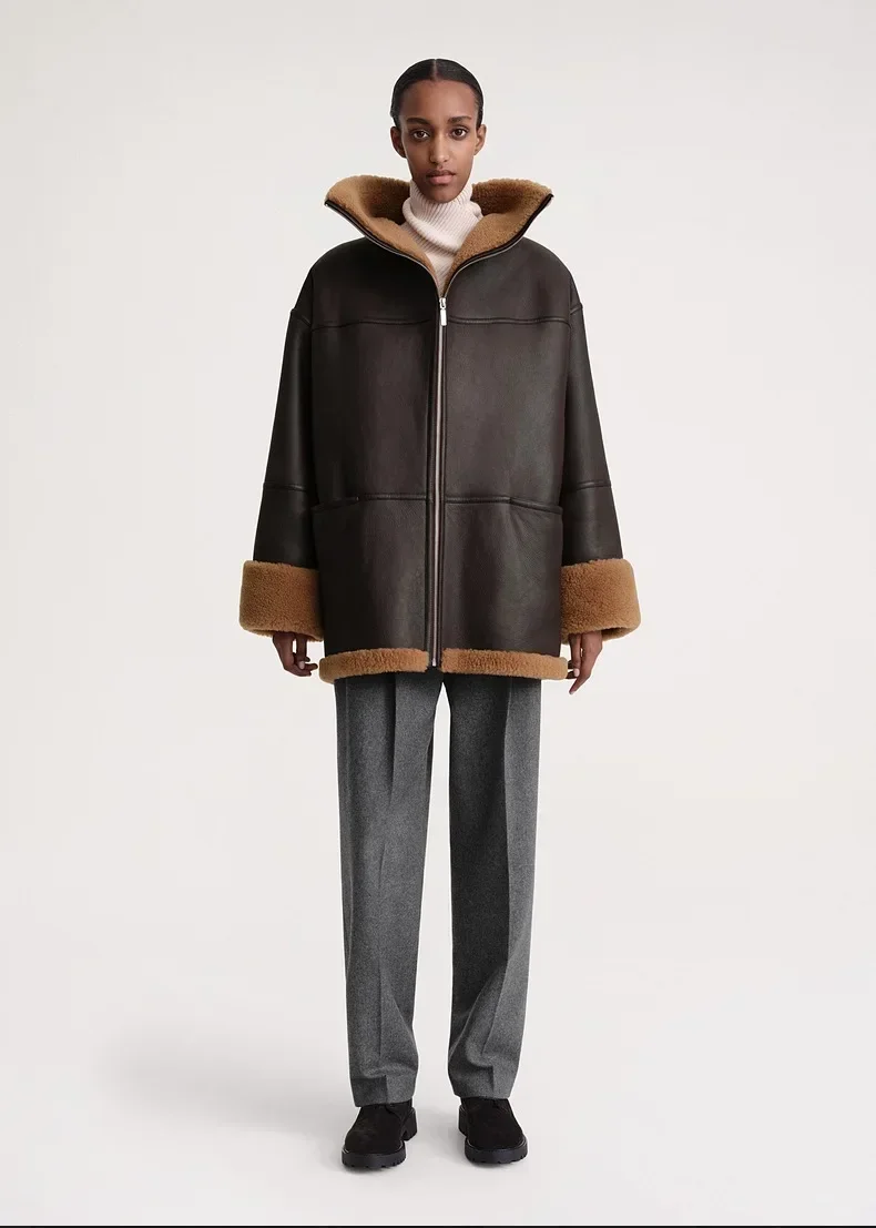 

Swden New Winter Women Jacket Aritificial PU Leather Full Sleeve Brown Minimalist Stand Collar High Quality Luxury Brand Loose