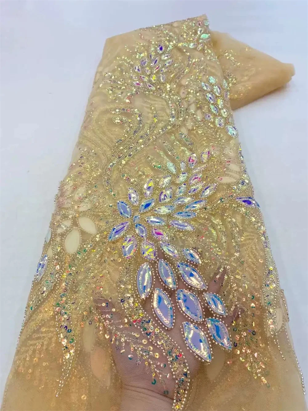 African Sequins Beaded Lace Fabric Nigerian Groom Embroidery French Tulle Lace Fabric For Bridal Wedding WB06