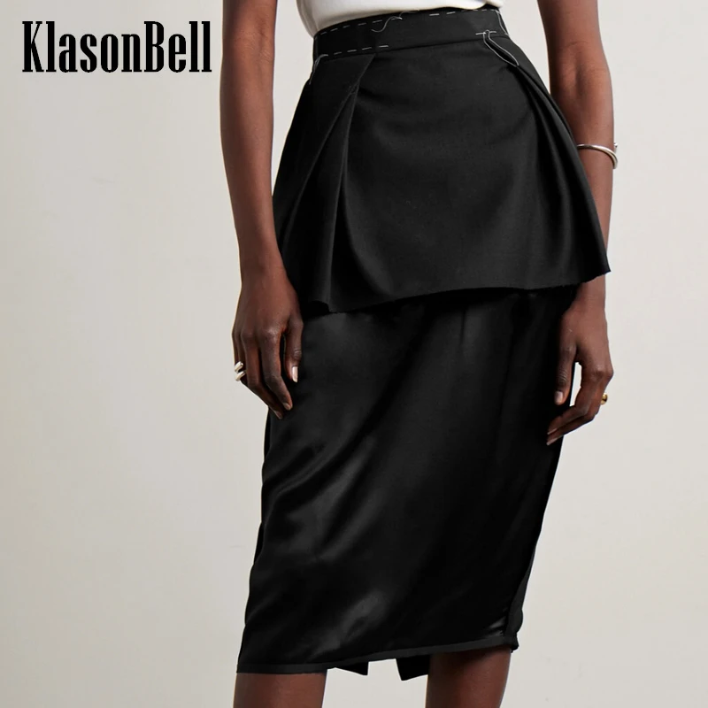 

4.8 KlasonBell Fashion Vintage Handmade Tassel Patchwork Fake Two Piece Skirt Women High Waist Back Split Package Hip Skirt