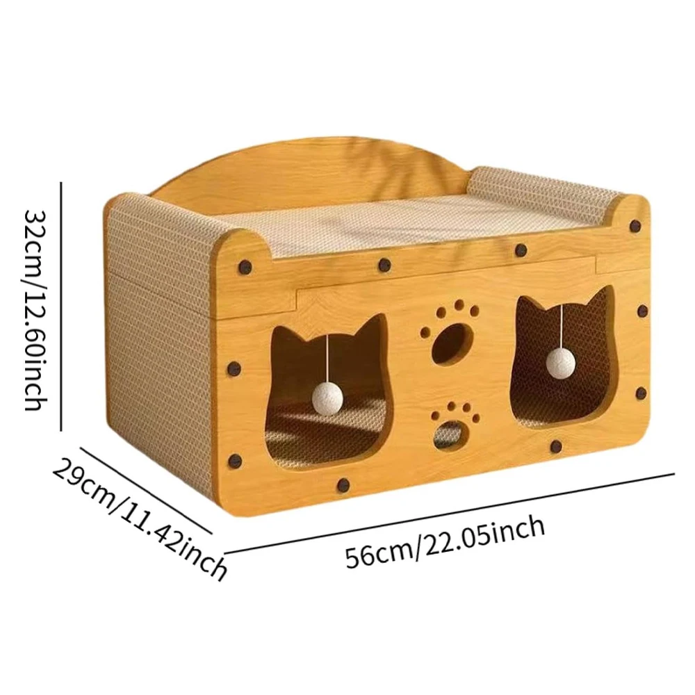 Extra-Large Cardboard Cat House & Scratcher Bed for Indoor Cats, with Stable and Detachable Corrugated Board Scratcher Box