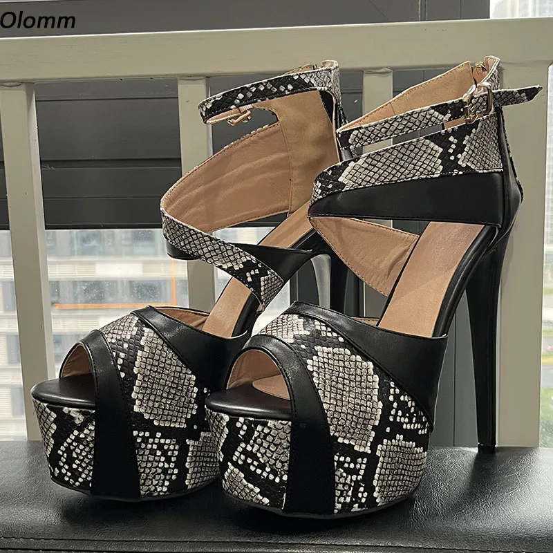 

Olomm Women Platform Sandals Sexy Snake Pattern Stiletto Heels Sandals Peep Toe Black Party Shoes Women US Plus Size 5-20