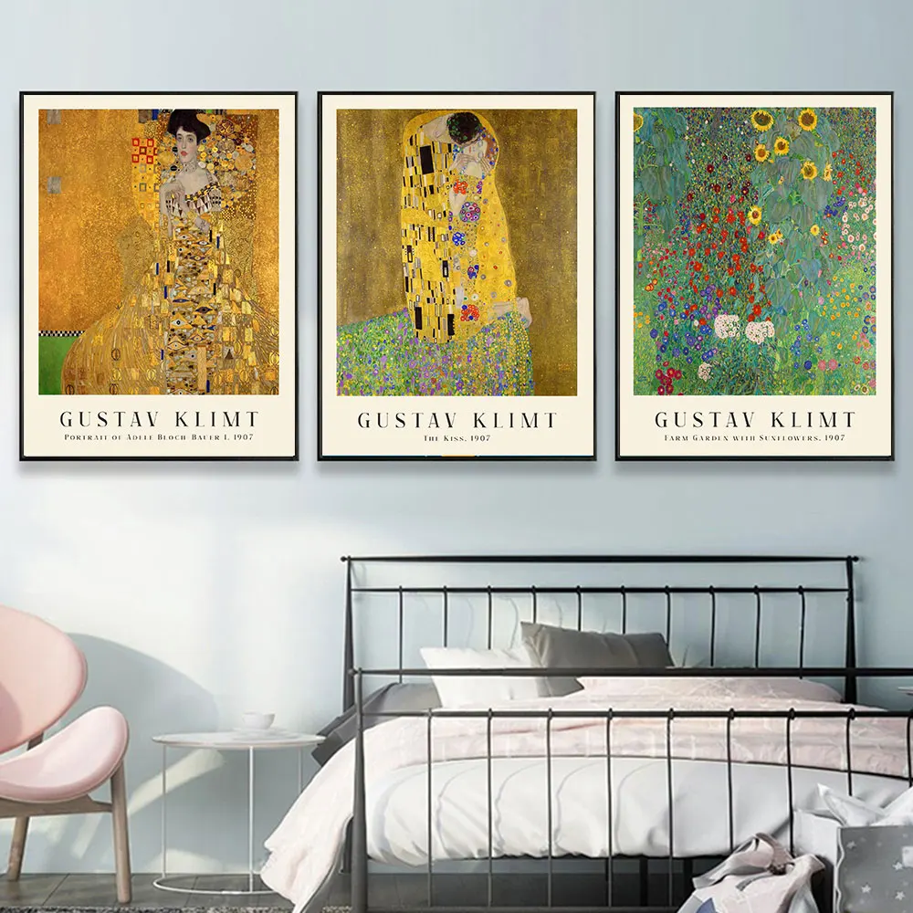 

Gustav Klimt Print The Kiss Poster And Printable Vintage Exhibition Canvas Famous Painting Wall Art for Room House Decoratives