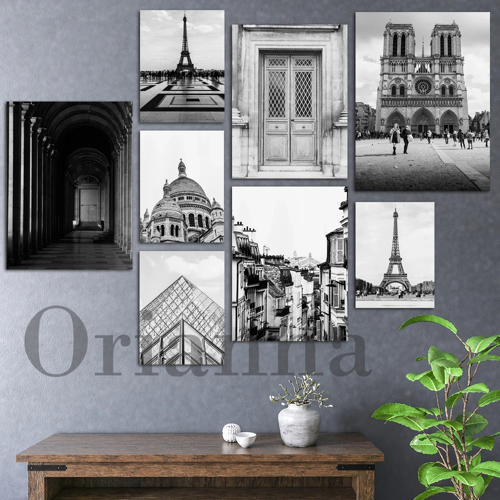 

Paris Urban Travel Poster-Eiffel Tower Print-Notre Dame-Black And White Photography-Architecture-Montmarte-Louvre Pyramid-Gift