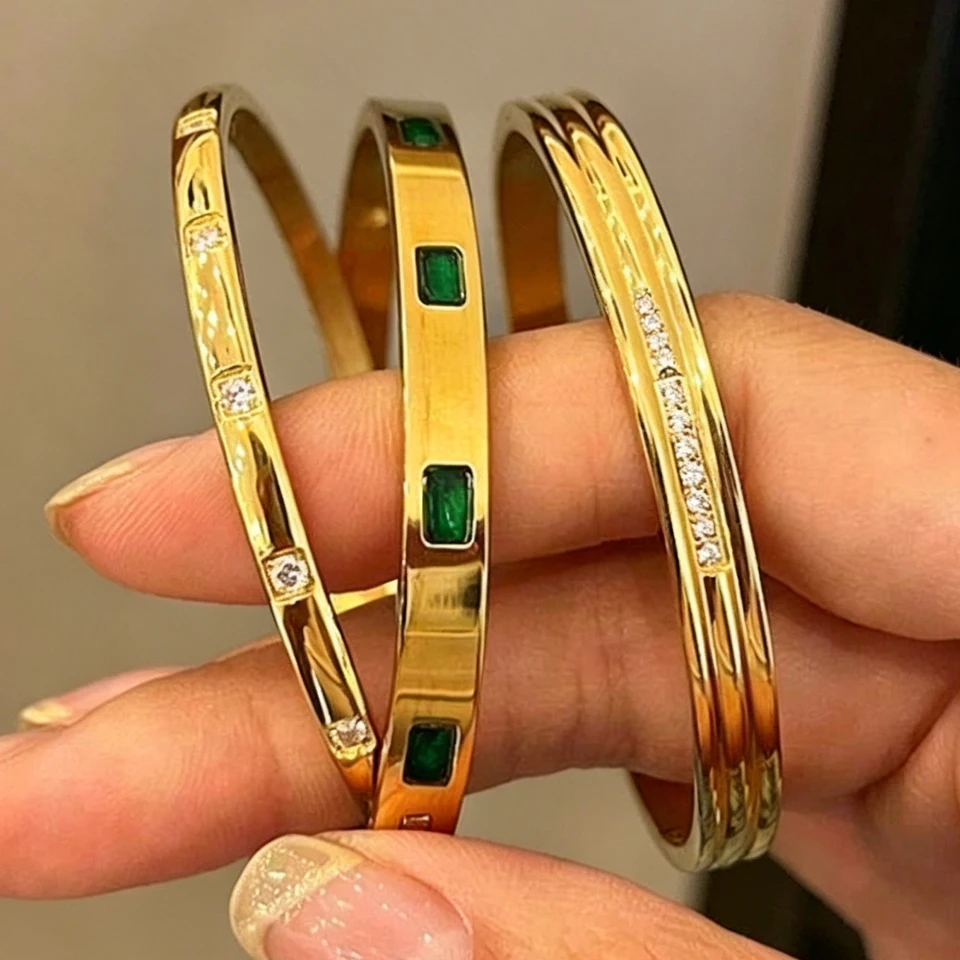 Yupsk 1/3pcs Gold Color Stainless Steel Bracelet Set for Women Shiny Geometric Green Zircon Bangle Stacked Jewelry Gifts 1