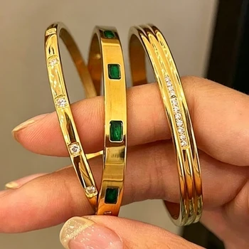 Yupsk 1/3pcs Gold Color Stainless Steel Bracelet Set for Women Shiny Geometric Green Zircon Bangle Stacked Jewelry Gifts 1