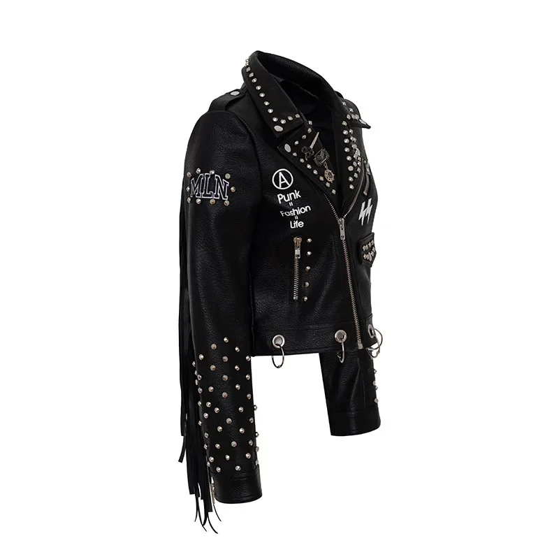 Cropped Fringed Leather Jacket Woman 2024 Trend Punk Rivets Style Streetwear Graffiti Print Black Faux Leather Motorcycle Jacket