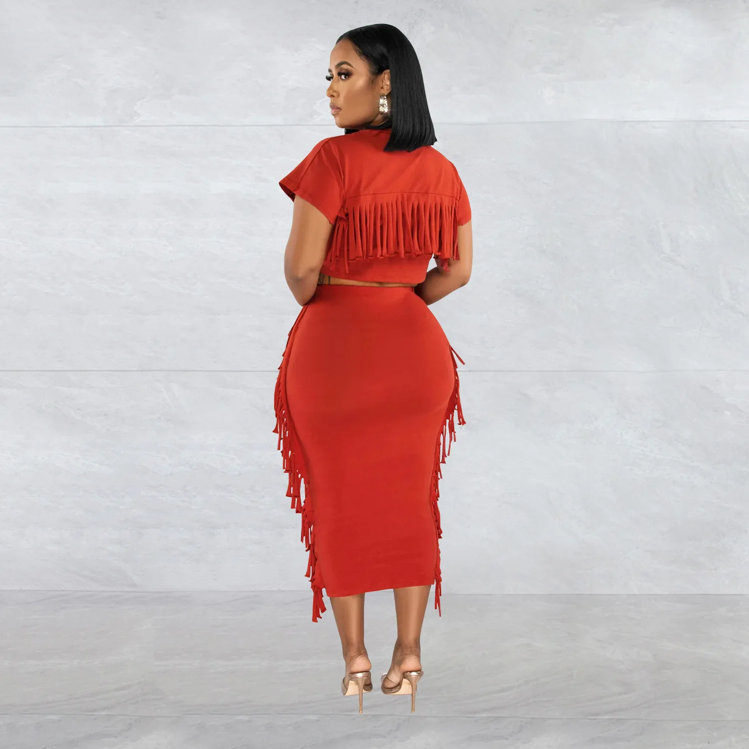 Spring And Summer Women's Solid Color Fringe Round Neck Short Sleeve And Long Skirt Two-Piece Set Fashion Casual Skirt Set