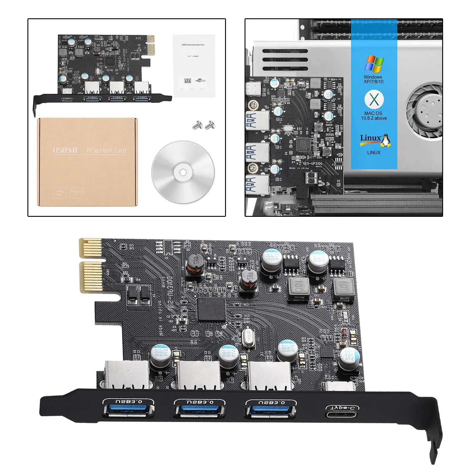 PCI 익스프레스 확장 카드, PCI-E to C타입 (3), A타입 (1) USB 3.0, 4 포트