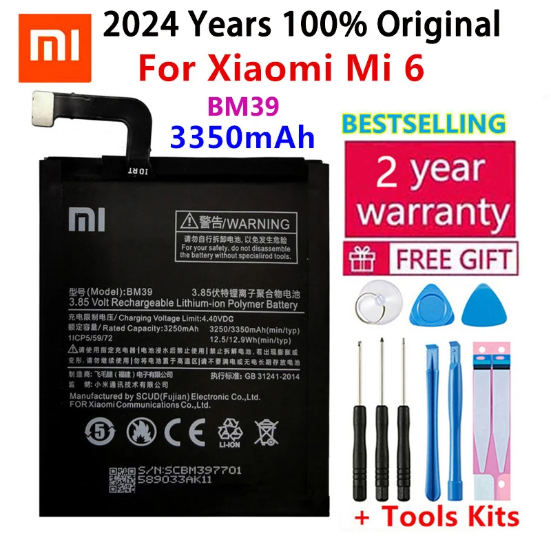 

2024 Years New 100% Orginal Xiao mi BM39 3350mAh Battery For Xiaomi 6 Mi6 M6 High Quality Phone Replacement Batteries Free Tools