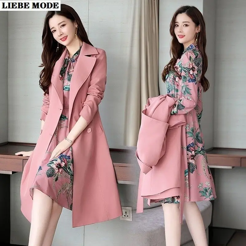 Spring Autumn Ladies Dress Suits for Office Wear Trench Coat and Knee Length Dress 2 Piece Set Women Jacket with Dresses 2 Piece